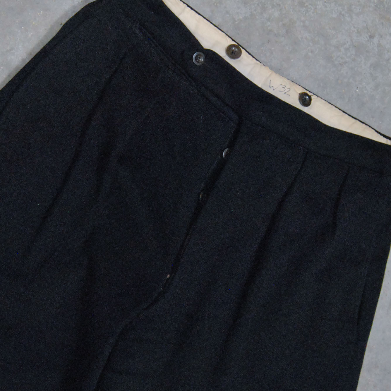 Wide Legged 1930s Black Side Tab Wool Trousers