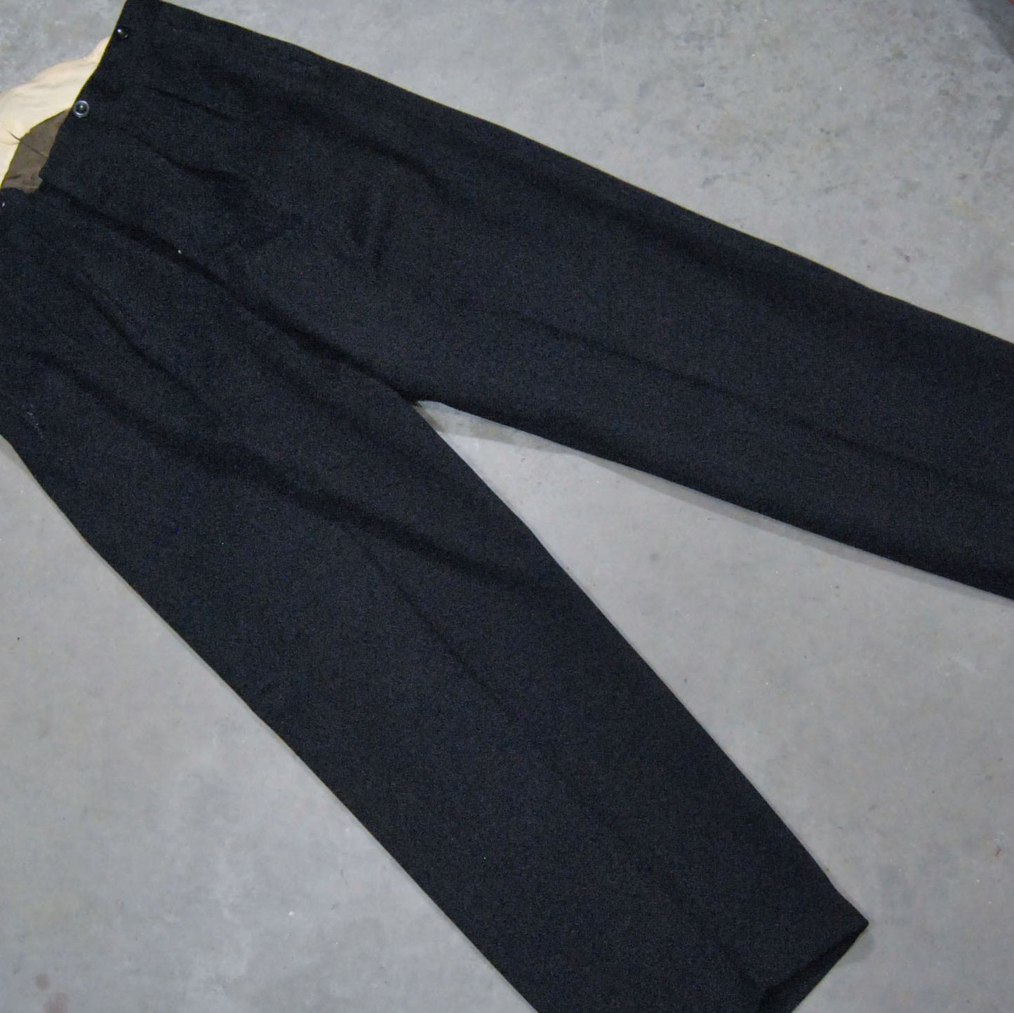 Wide Leg 1930s Fishtail Waist Black Wool Trousers