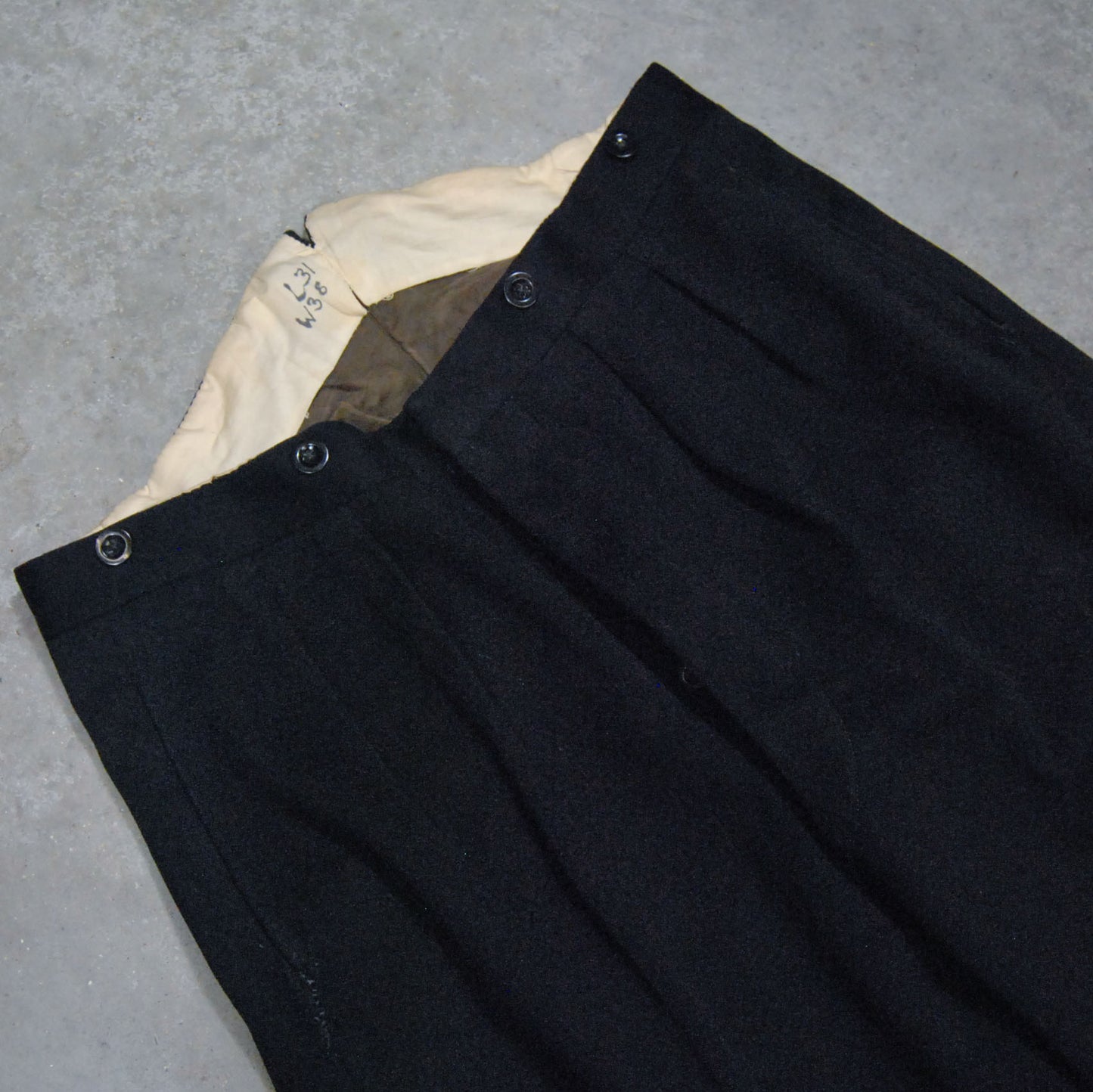 Wide Leg 1930s Fishtail Waist Black Wool Trousers