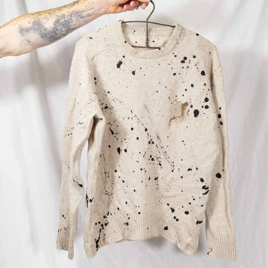 Distressed Paint Splatter Raglan Sleeve 1980s Lightweight Wool Jumper