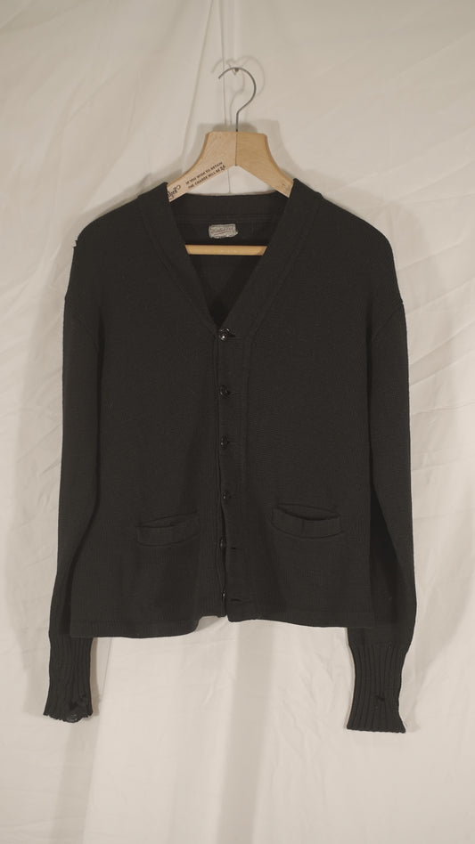 German 1930s Black Woolen Distressed Cardigan