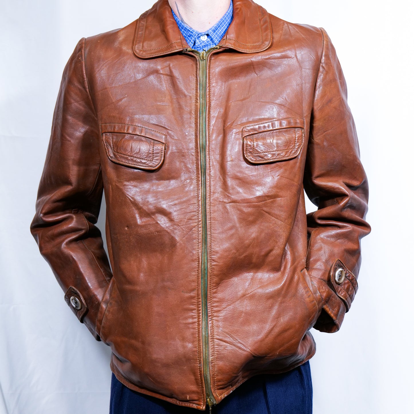 German 1930s Horsehide Leather Jacket With Brass Ball End Zipper