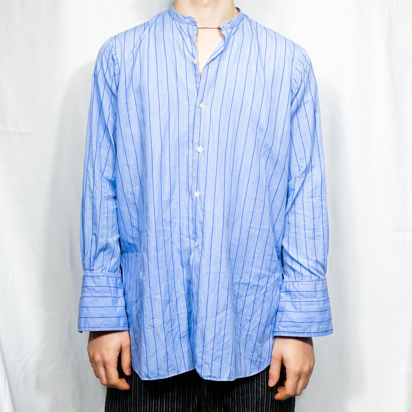 European 1930s Collarless Shirt Blue Pinstripe