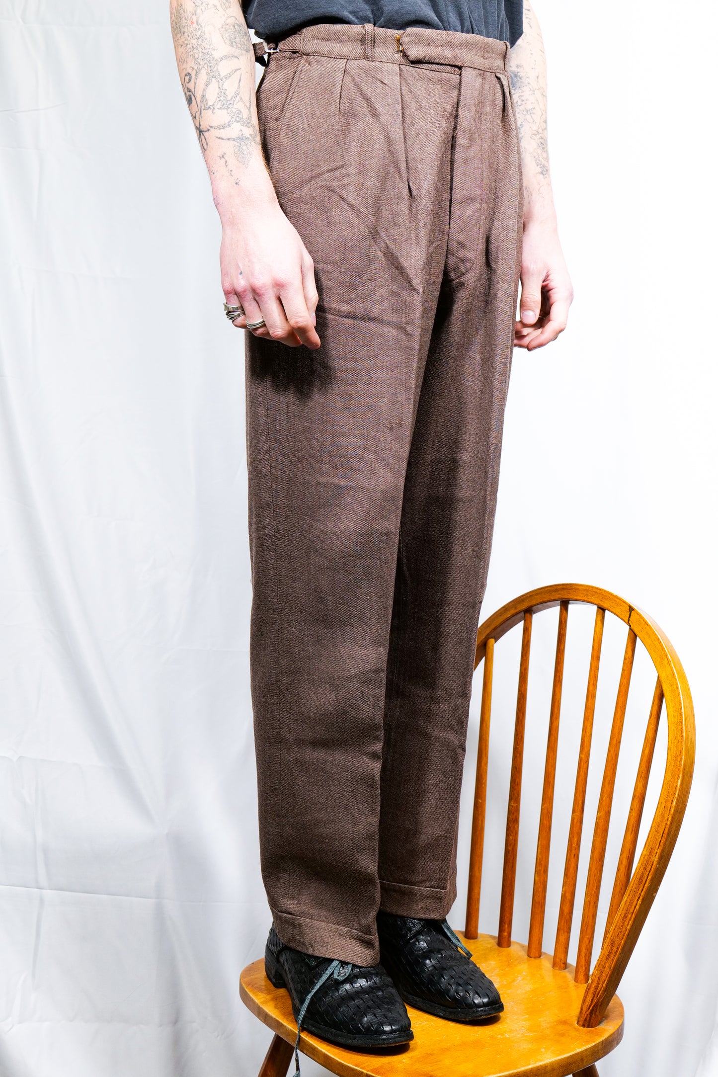 British 1940s Barathea Brown Tailor Made Wide Drape Trousers