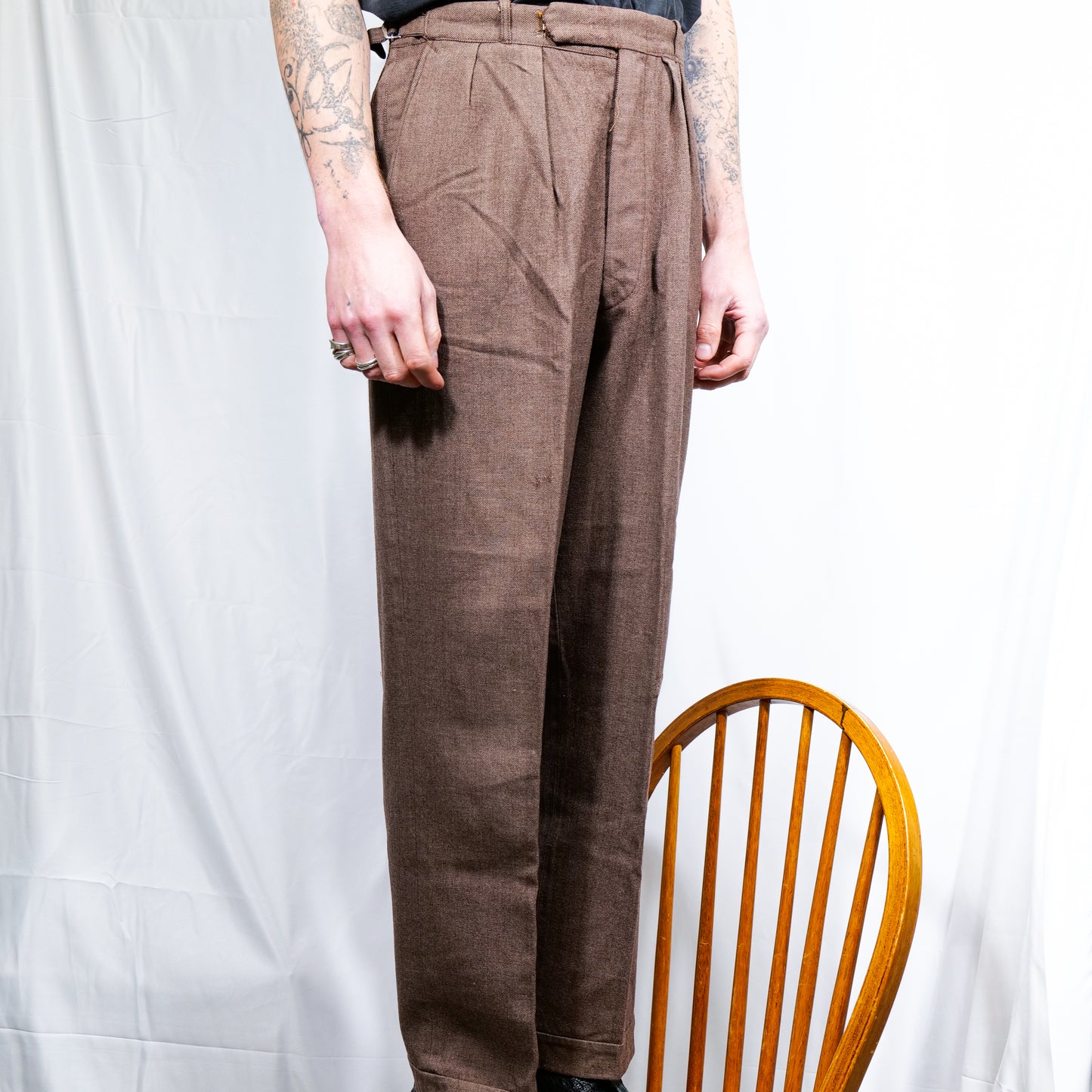 British 1940s Barathea Brown Tailor Made Wide Drape Trousers