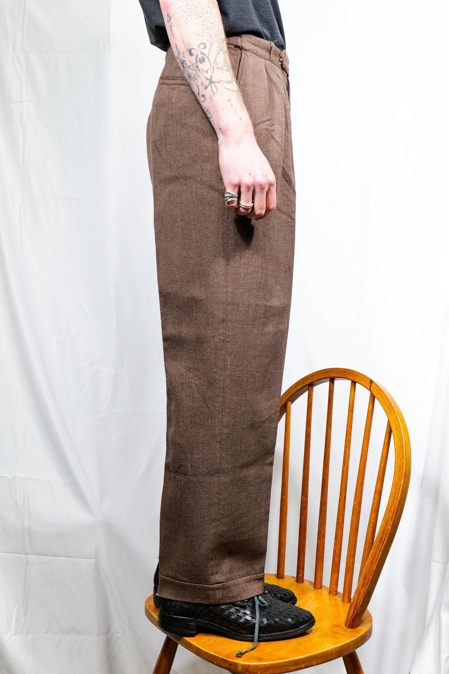 British 1940s Barathea Brown Tailor Made Wide Drape Trousers