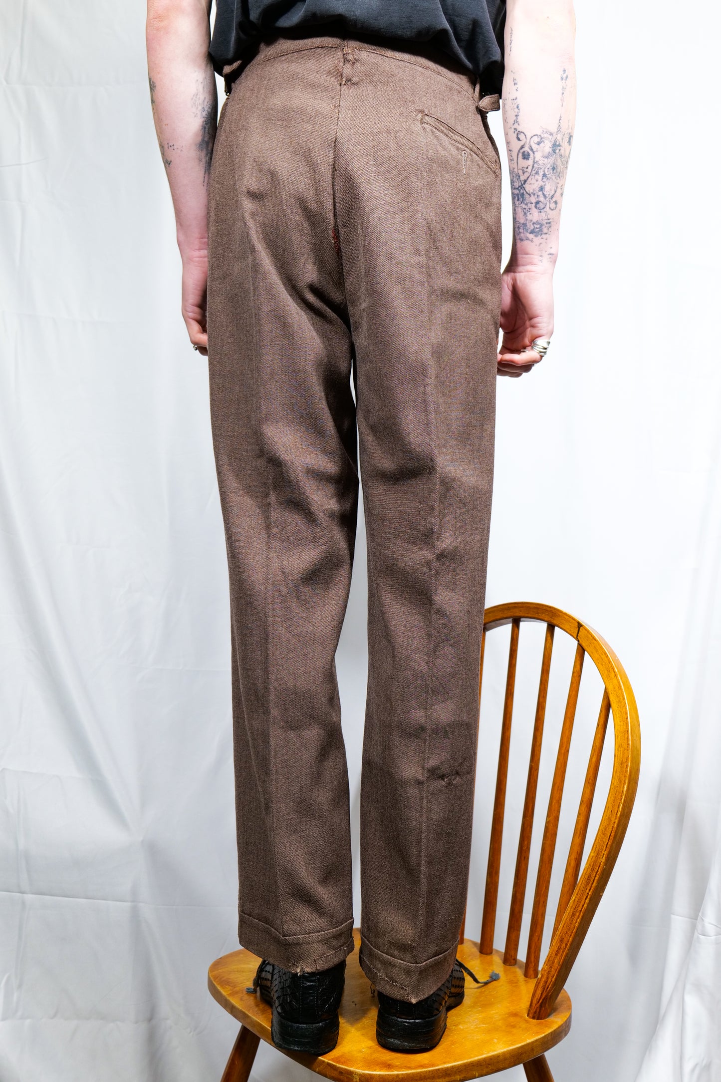 British 1940s Barathea Brown Tailor Made Wide Drape Trousers