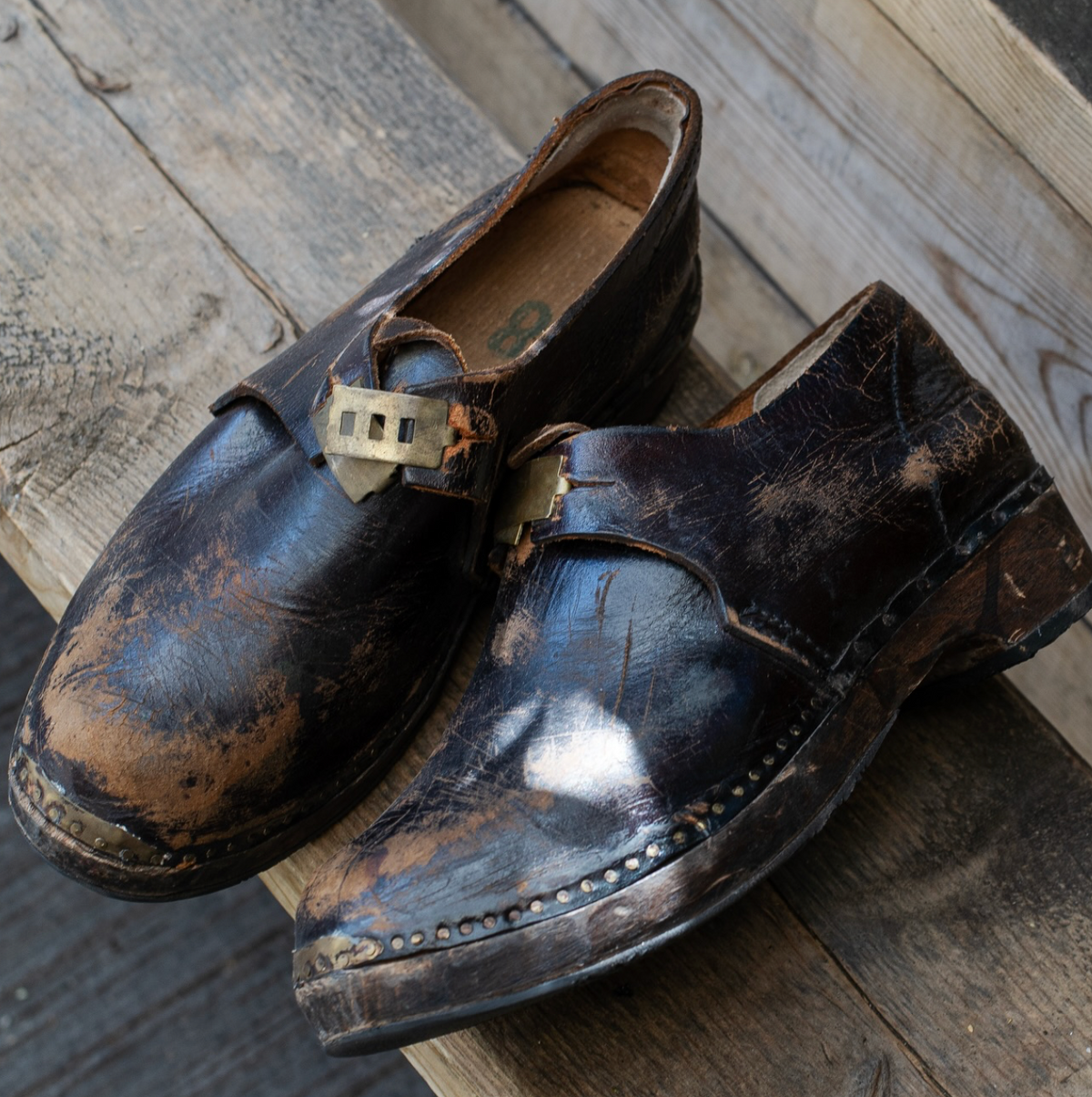 Rare 1900s Brass Buckle Clogs UK8