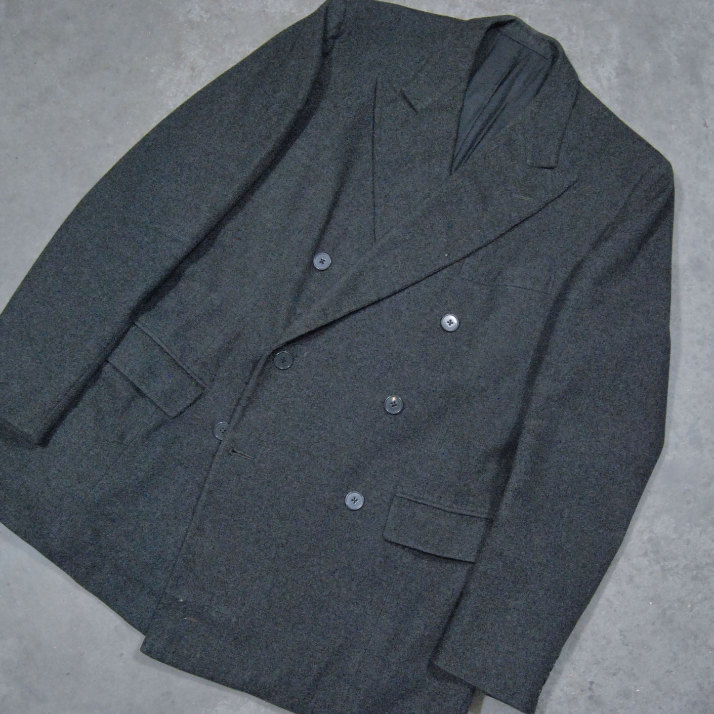 British 1940s 1950s Peak Lapel Double breasted Blazer In Slate Grey Worsted Wool